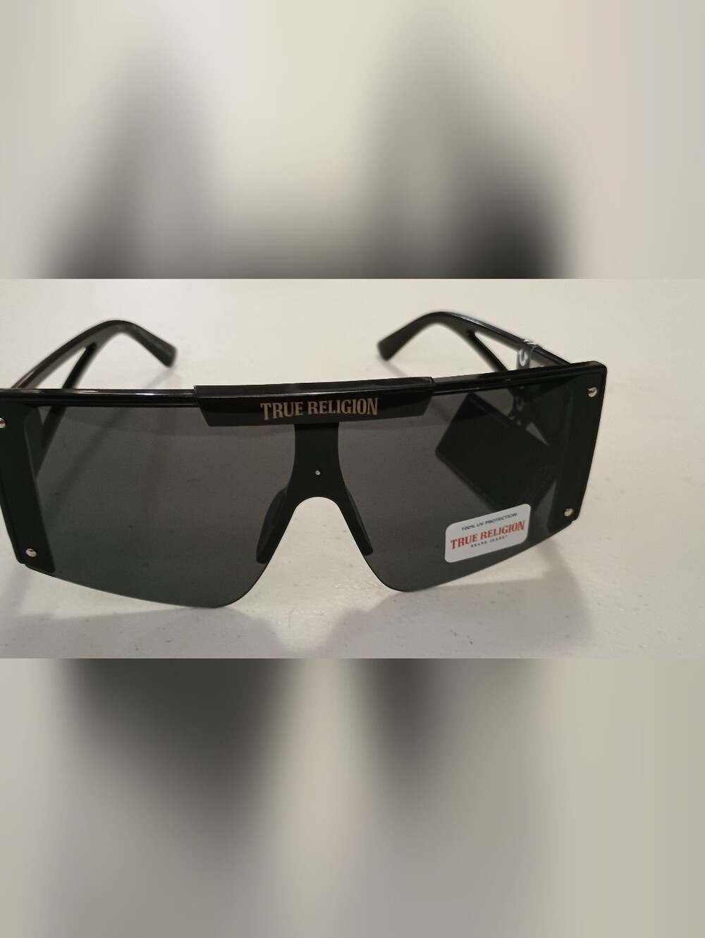True Religion Black Shield Sunglasses with Gold Logo